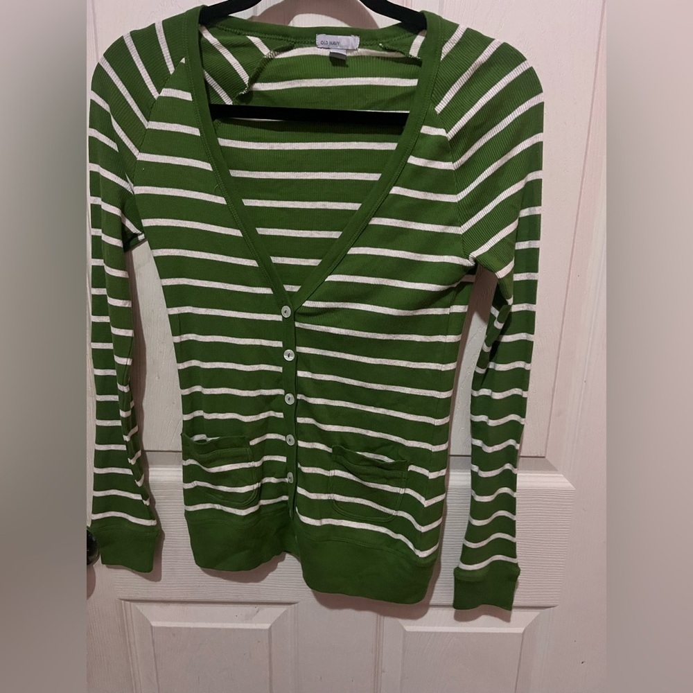 Old navy Green and White Striped Cardigan Twilight core Bella Swan Cardigan y2k